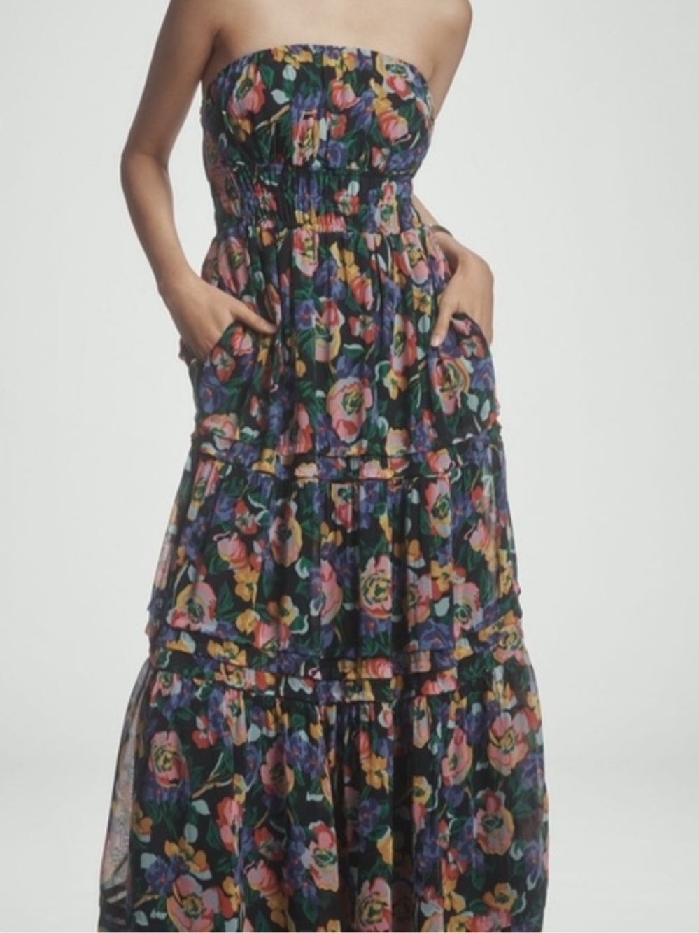 Anthropologie Sz M The Somerset Strapless Maxi Dress Floral Tiered Chiffon - Picture 4 of 9